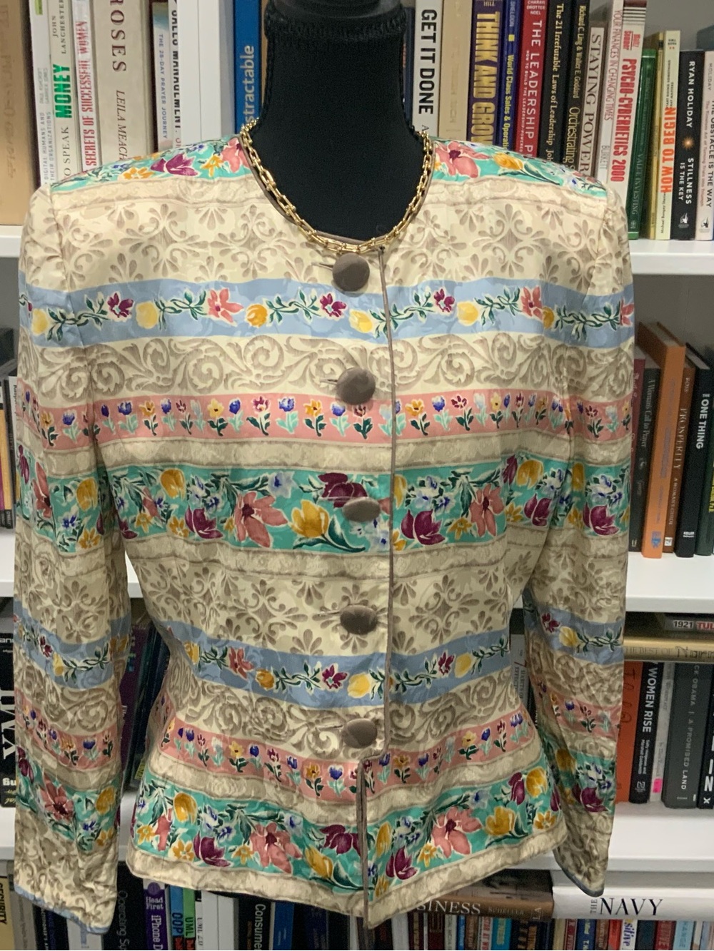 Adrianna Papell Cream Jacket with Multicolor Floral Stripes - 100% Silk Sz 12